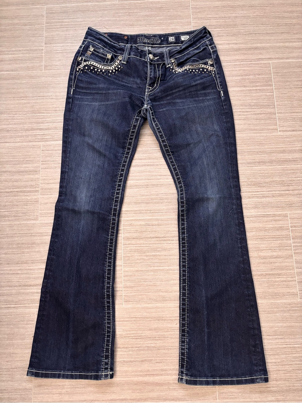 Miss Me Dark Blue Rhinestone Studded Flare Jeans - Women's